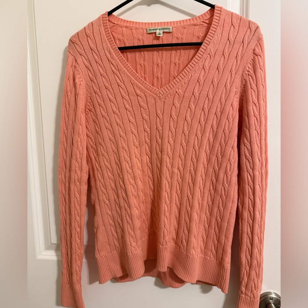 NWOT Fairway & Greene Coral V-Neck Cable Knit Sweater